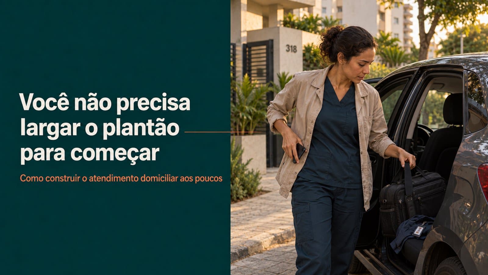 Veterinário em transição entre o plantão noturno e a rotina de atendimento domiciliar, representando a construção gradual de uma nova agenda