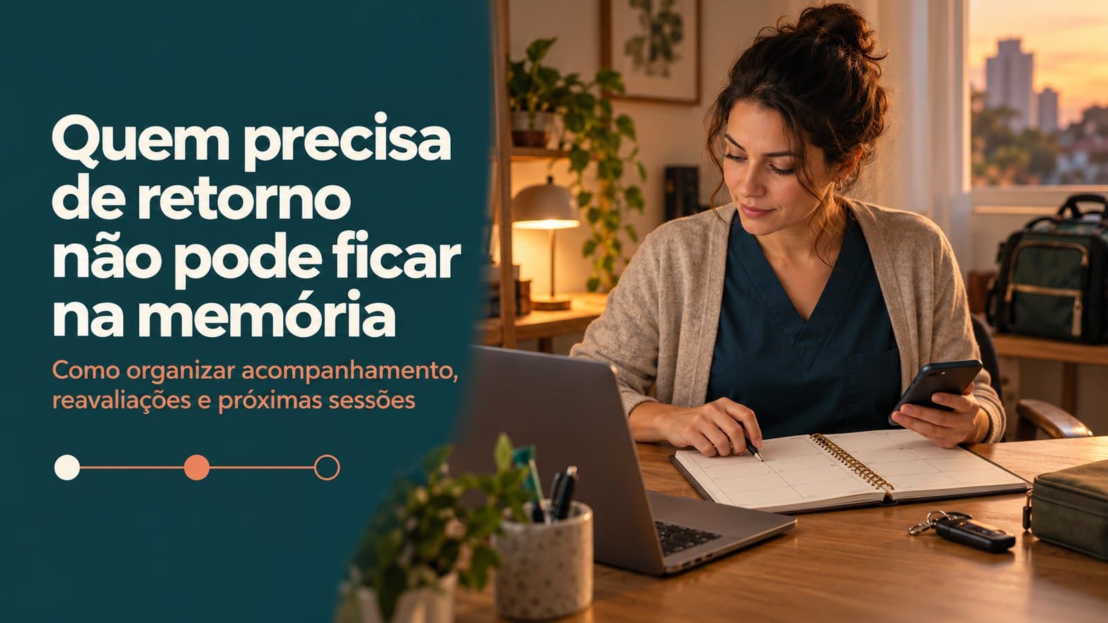 Médica-veterinária brasileira revisando os próximos passos de pacientes no notebook ao fim do dia, com agenda e maleta ao fundo
