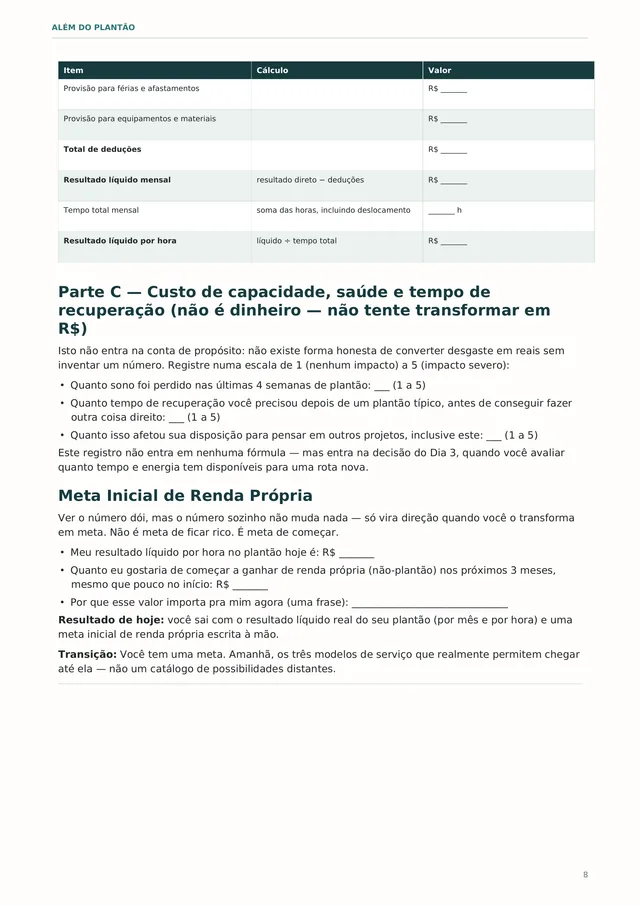 Página interna do workbook: diagnóstico financeiro do plantão