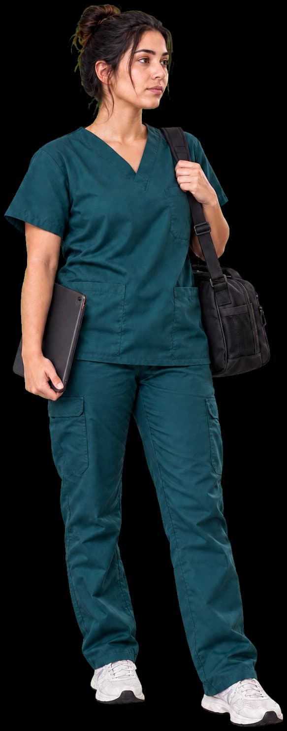 Veterinária organizada, com tablet e bolsa, pronta para atender de forma independente