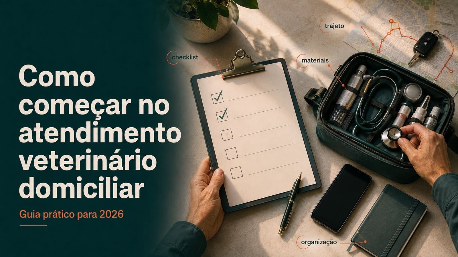 Prancheta com checklist, maleta veterinária aberta com estetoscópio e materiais, celular, caderno e mapa de trajeto sobre a mesa, ilustrando o começo do atendimento domiciliar