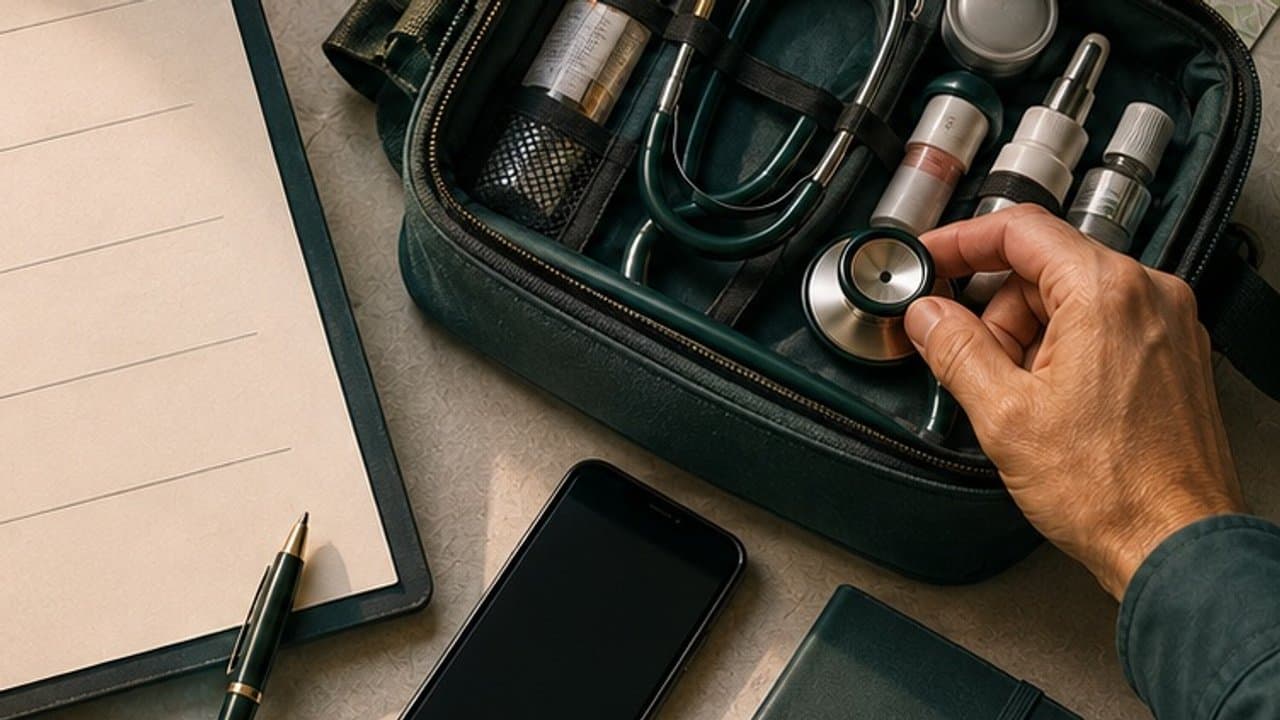 Maleta veterinária aberta com estetoscópio, frascos de medicamento e materiais organizados, ao lado de celular e prancheta