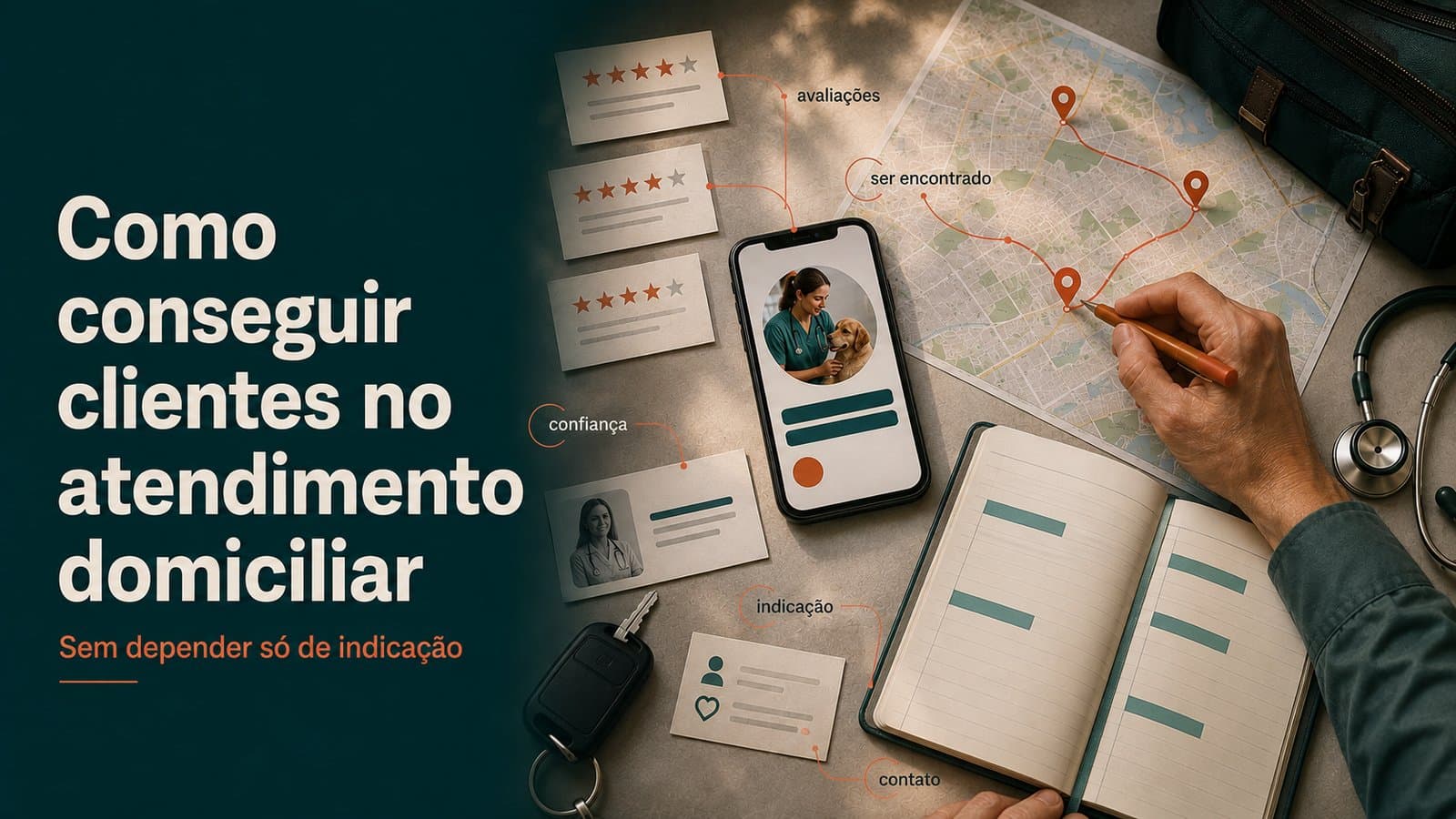 Celular com perfil profissional de veterinária, cartões de avaliação em estrelas, mapa de trajeto marcado, agenda aberta e chave de carro sobre a mesa, ilustrando como conseguir clientes no atendimento domiciliar