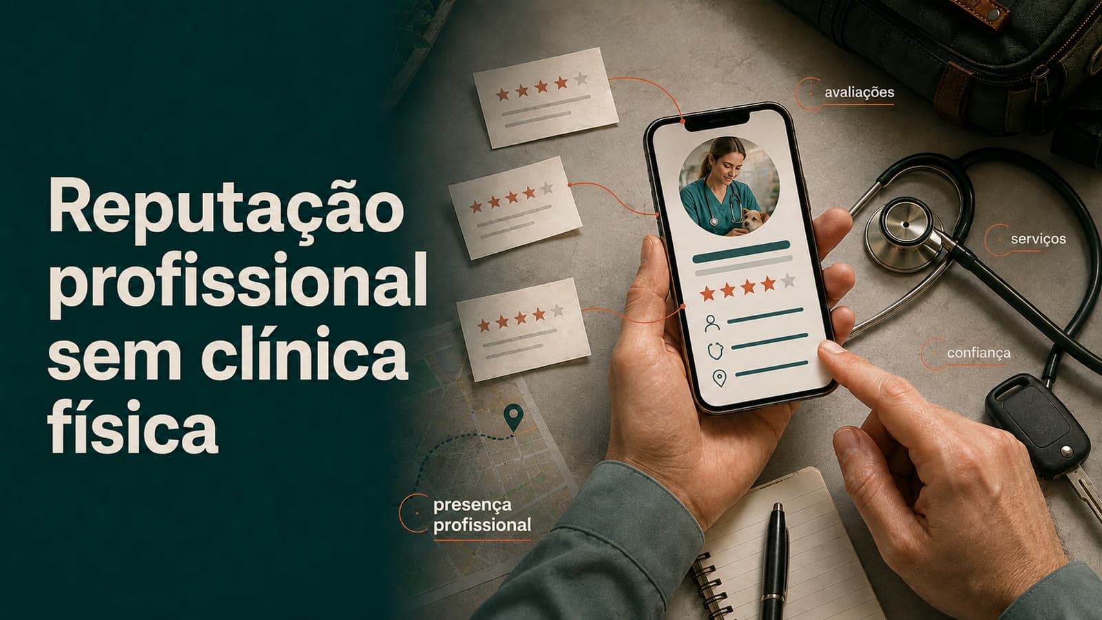 Mãos segurando um celular com o perfil de uma veterinária e avaliações em estrelas, ao lado de cartões de depoimentos, mapa de rota, estetoscópio e bolsa de atendimento sobre a mesa