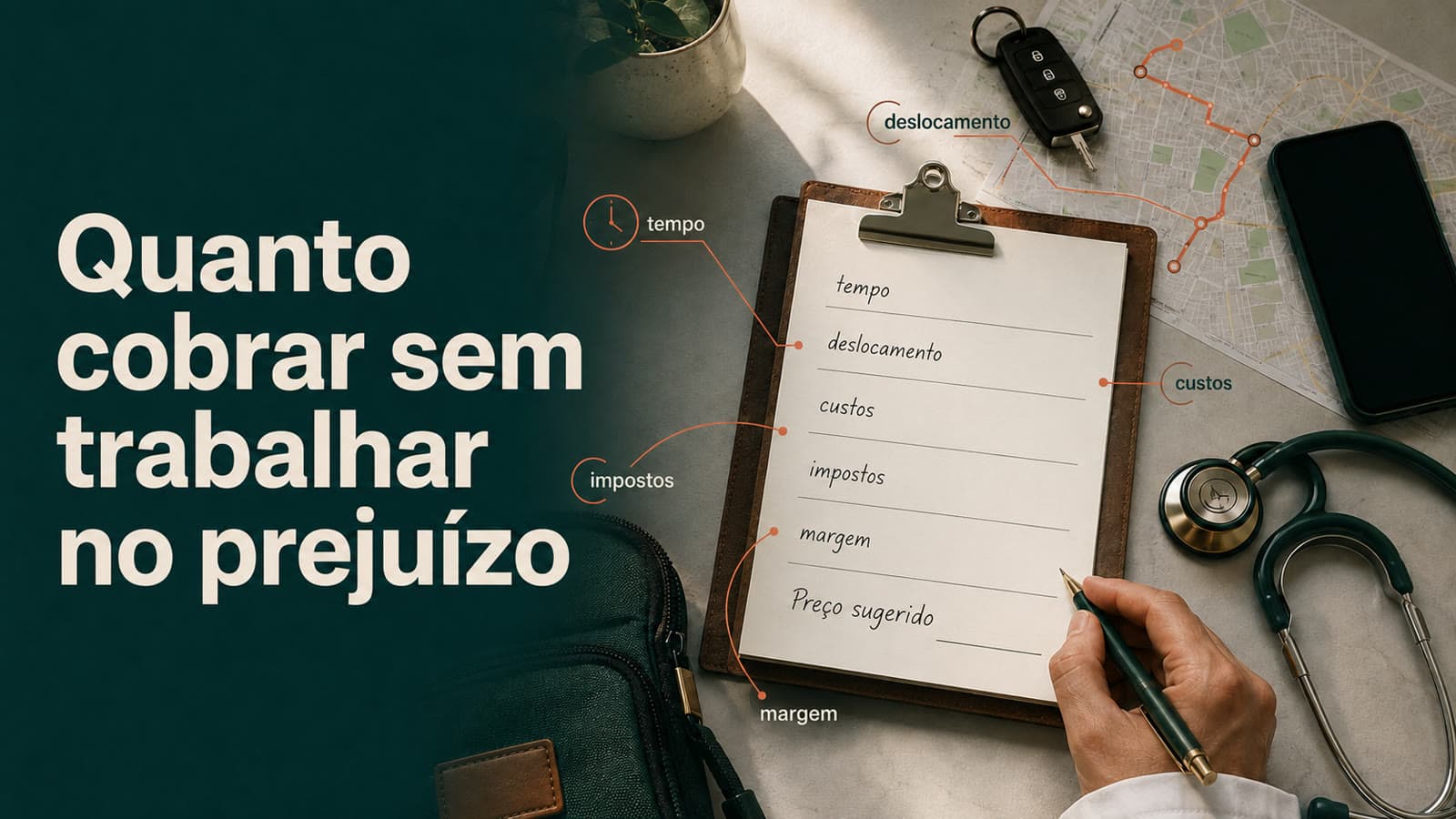 Prancheta com lista escrita à mão dos itens do cálculo — tempo, deslocamento, custos, impostos, margem e preço sugerido — ao lado de chave de carro, mapa de rota, celular e estetoscópio sobre a mesa