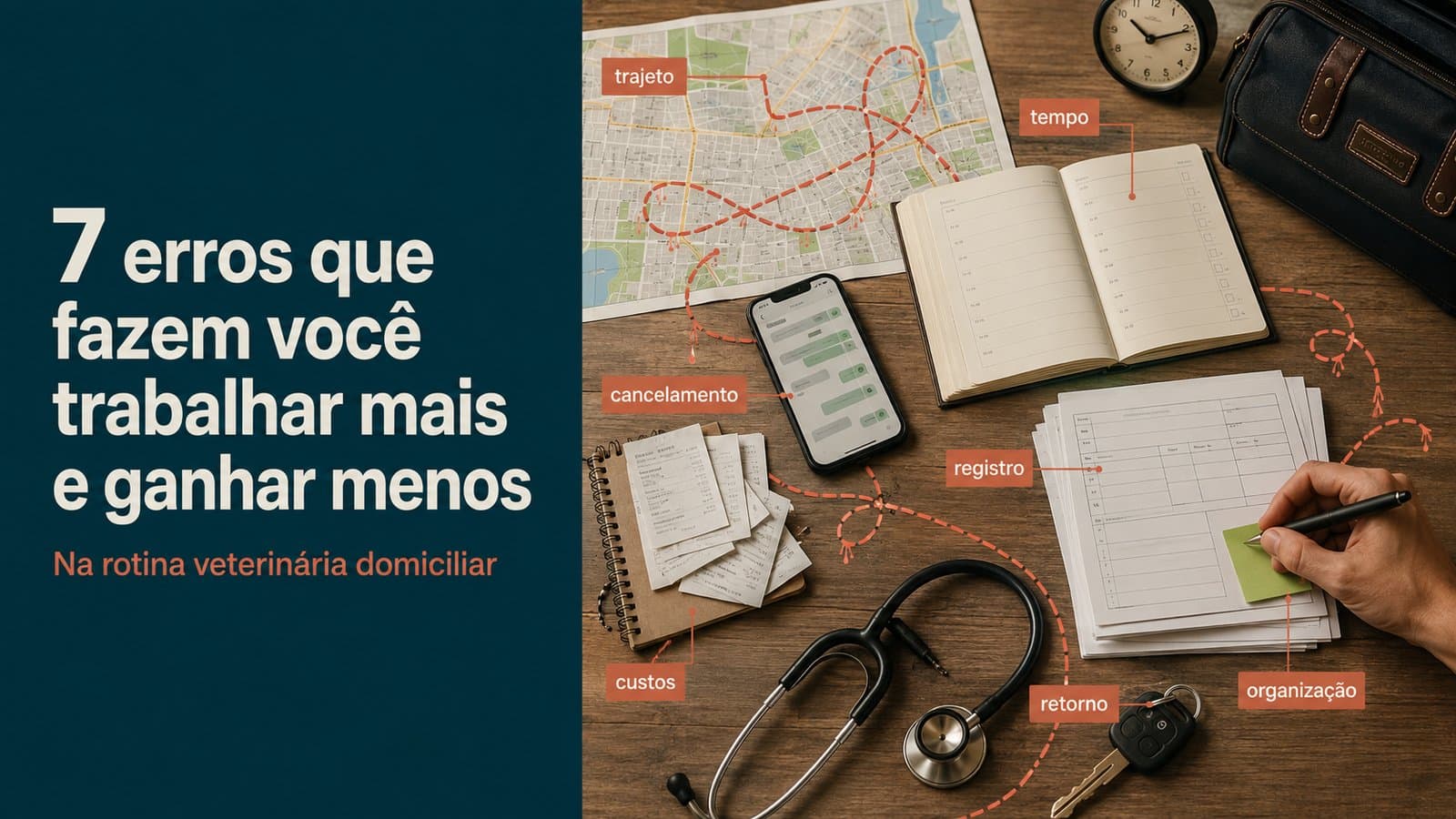 Mapa com trajeto marcado, agenda aberta, celular com conversa de cancelamento, prontuários e recibos sobre uma mesa de madeira, ilustrando os erros que fazem o veterinário domiciliar trabalhar mais e ganhar menos