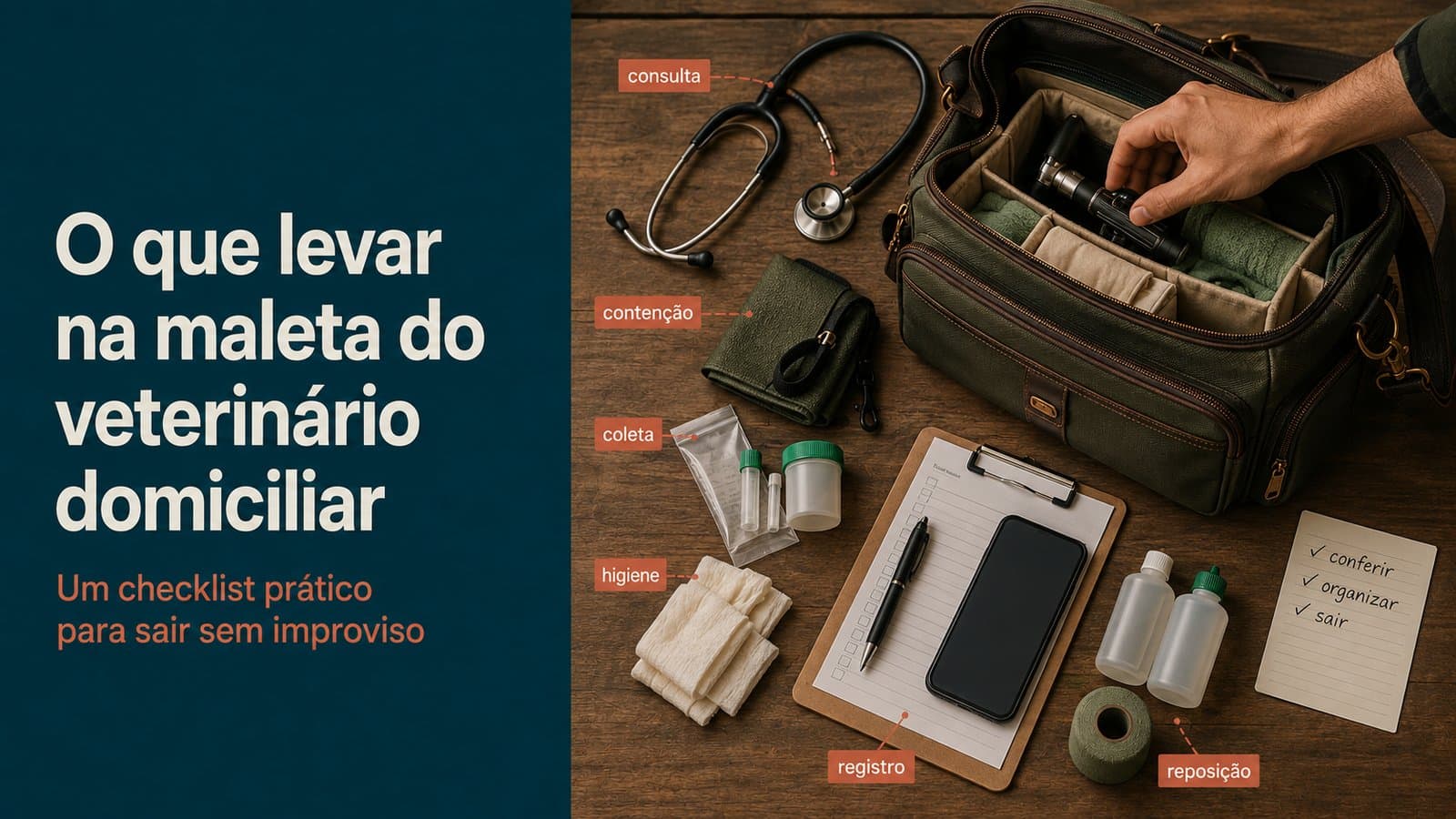 Maleta veterinária aberta sobre uma mesa de madeira com estetoscópio, kit de contenção, materiais de coleta, gaze, prancheta com celular e itens de reposição organizados por módulo