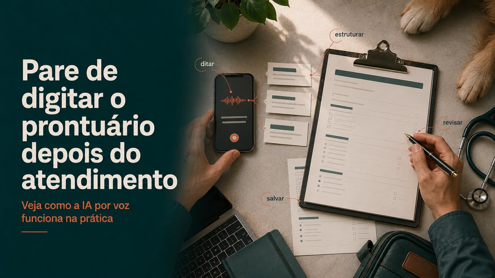 Celular gravando um ditado por voz ao lado de uma prancheta com prontuário sendo revisado à caneta, ilustrando as etapas ditar, estruturar e revisar