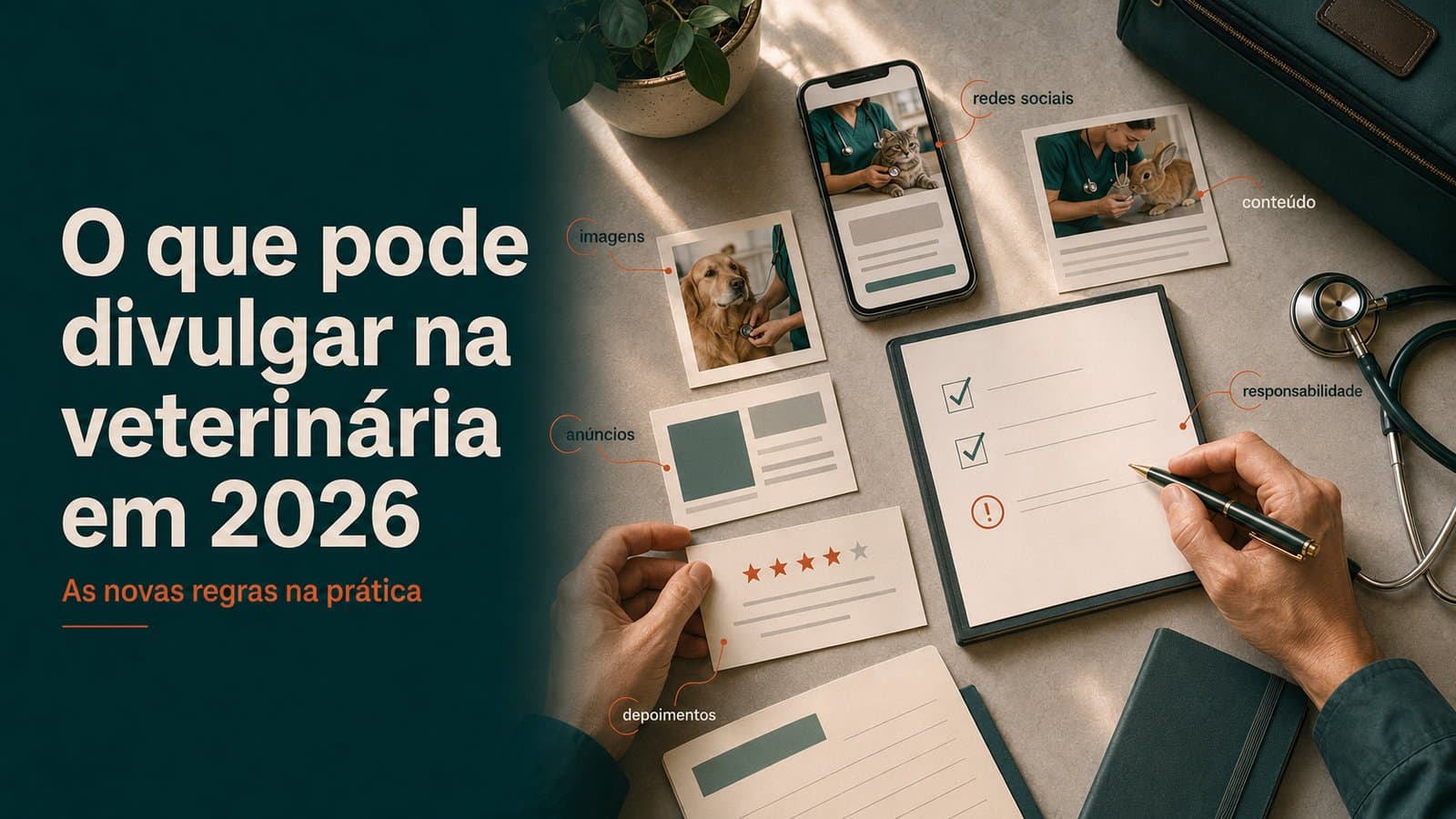 Celular e fotos com carimbos de imagens, anúncios, redes sociais, conteúdo e depoimentos, ao lado de uma prancheta com checklist sendo preenchida, ilustrando o que pode ser divulgado na publicidade veterinária